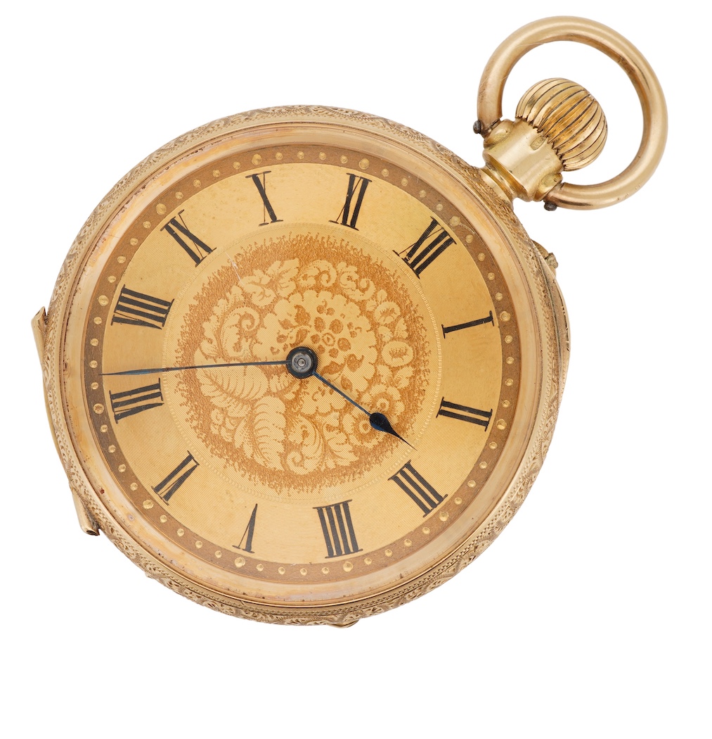 A lady's early 20th century Swiss engraved 18k open faced keyless fob watch